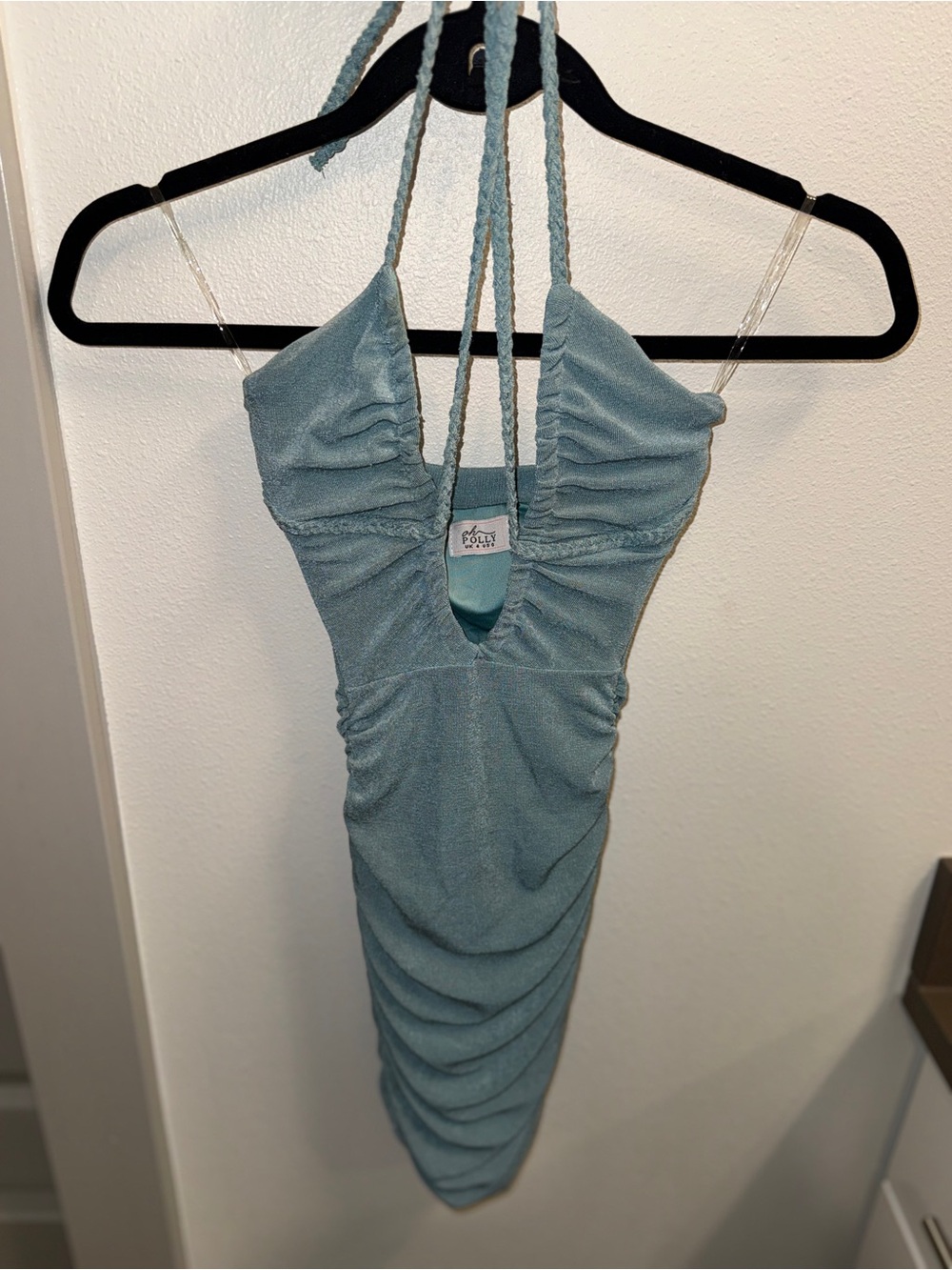 Oh Polly Light Blue Ruched Halter Bodycon Dress - UK4 US0